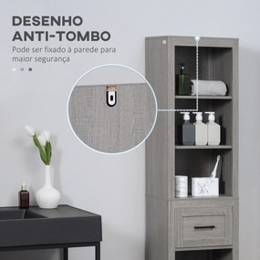kleankin Coluna Casa de Banho com 1 Gaveta e Prateleiras Abertas Móvel Auxiliar de Armazenamento para Sala de Estar Dormitório Anti-Tombo 42x30x170cm Cinza