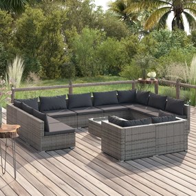 vidaXL 12 pcs conjunto lounge de jardim c/ almofadões vime PE cinzento