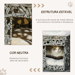 Cesta de Vime para Gatos de 2 Níveis Cama Caverna de Gatos com 2 Almofadas Suaves Estrutura de Metal 51x42x37cm Cinza e Bege