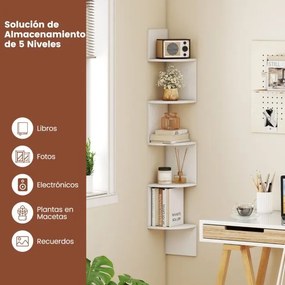 Estante de canto 20 x 20 x 126 cm de 5 níveis Organizador de armazenamento montado na parede para sala, quarto e cozinha Branco