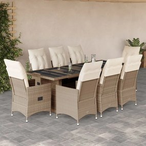 vidaXL 9 pcs conjunto de bistrô para jardim c/ almofadões vime PE bege