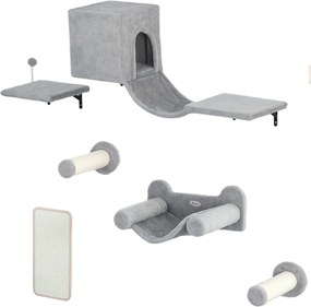 PawHut Conjunto de Prateleiras de Escalada para Gatos de 6 Peças com Placa para Arranhar e Poste de Sisal Cinzento | Aosom Portugal