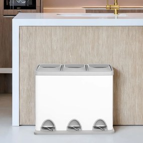 Caixote do lixo para cozinha 3 compartimentos x 8 L, 47 x 28,3 x 39,5 cm branco + cinzento