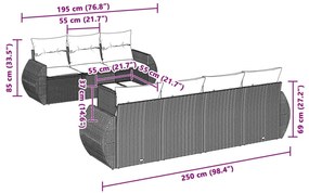 8 pcs conj. sofás jardim c/ almofadões vime PE cinzento-claro
