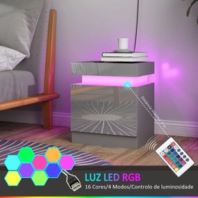 Mesa de Cabeceira com Luz LED Painel de Alto Brilho 2 Gavetas e Controlo Remoto para Dormitório 45x35x52 cm Cinzento