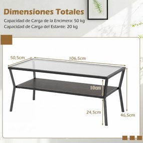 Mesa de centro 106,5 x 50,5 x 46,5 cm de dois níveis com estante retangular em vidro temperado e Estrutura metálica para sala, cinzento escuro