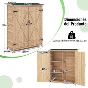 Abrigo de jardim com telhado inclinado Asfalto 140x51x163cm Madeira maciça Estantes removíveis Portas Fechadura Abrigo exterior Natural