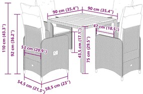 5 pcs conjunto bistrô de jardim c/ almofadões vime PE cinza