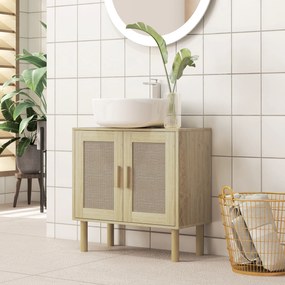 Móvel de casa de banho 60 x 30 x 60 cm para lavatório (NÃO INCLUIDO), com portas em rattan e pés em madeira de pinho, 2 prateleiras, em cor carvalho