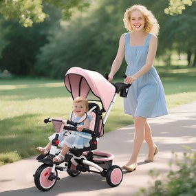 Triciclo para Bebés 6 em 1 Triciclo Criança Dobrável com Pega Parental Ajustável Assento Giratório 360° Rosa