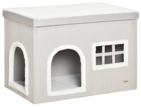 Casa Dobrável para Gatos Caverna para Gatos com Almofadas de Pelúcia Suave Tampa Removível 2 Entradas e Janela 71x42x49cm Cinza Claro