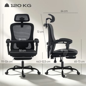 Cadeira de escritório ergonómica em malha com apoio para a cabeça ajustável, apoio lombar, 64 x 64 x 124 cm, preta