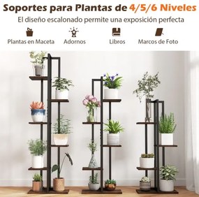 Conjunto de 3 Estantes altas de madeira e metal com 4+5+6 níveis para plantas e vasos Preto e Castanho