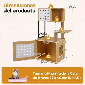 Arranhador para gatos 3 em 1  com vários níveis 72 x 43 x 117,5 cm, postes de sisal, condomínio, zona de refeições, bola suspensa, recinto e caixa de