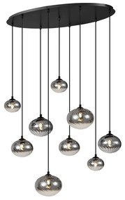 Candeeiro suspenso moderno preto com vidro fumado 9 luzes - Jia Moderno