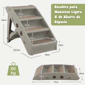 Escada de plástico dobrável para animais de estimação com 4 degraus para interior e exterior com feltro macio 62,5 x 38 x 49 cm Cinzento