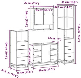 4 pcs Conjunto móveis casa de banho madeira proc. cinza sonoma