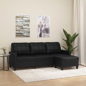 Sofá de 3 lugares c/ apoio de pés 180 cm couro artificial preto