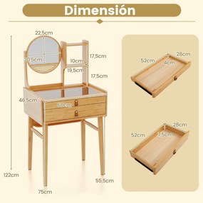 Toucador pequeno com espelho para maquilhagem 60 cm x 46,5 cm x 122 cm com 2 gavetas e prateleiras abertas Natural