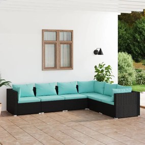 6 pcs conjunto lounge de jardim c/ almofadões vime PE preto