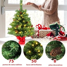 Árvore de Natal 64 cm Pequena Pré-iluminada para Mesa com 50 Luzes LED 8 Modos de Luz Base de Cimento Verde