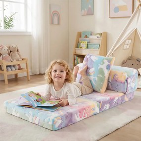Sofá-cama para crianças dobrável 3 em 1 com capas laváveis com fecho e almofada adicional Bonitos desenhos de unicórnios multicoloridos