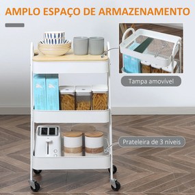 Carrinho Auxiliar com Rodas de 3 Níveis Carrinho de Cozinha com 3 Cestas de Aço e 1 Bancada de Madeira 45x31x79,4 cm Branco