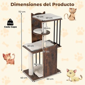 Arranhador Torre para gatos para gatos 60 x 40 x 112 cm de interior de madeira para gatinhos com postes para arranhar de sisal Bolas pendentes Almofad