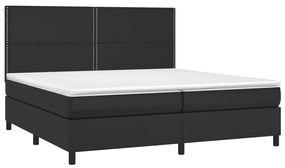 Cama box spring c/ colchão/LED 200x200cm couro artificial preto