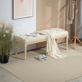Banco aos Pés da Cama Capitonê, 115 x 40 x 43 cm, Revestimento com Aspeto de Linho, Creme