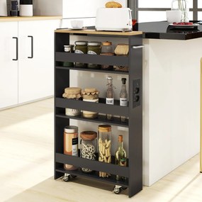 Carrinho cozinha estreito 47,5 x 13 x 80,5 cm com estação de carregamento de 4 níveis com rodas bloqueáveis Cinzento + Natural