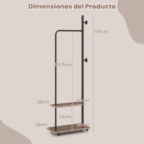Cabide de pé com rodas universais 60 × 30 × 175 cm, barra para pendurar, ganchos laterais, prateleiras de arrumação e estrutura metálica em Castanho R