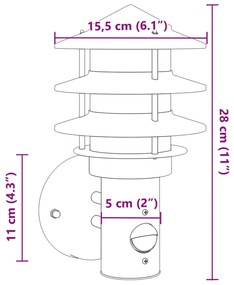 Candeeiro de parede p/ exterior com sensor aço inoxidável preto