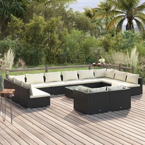 vidaXL 13 pcs conjunto lounge de jardim c/ almofadões vime PE preto