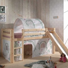 Conjunto Cama alta de Criança PINO 90 x 200 cm + estrado + escada + escorrega + cortina + túnel Pássaros Natural