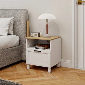 Conjunto de 2 Mesas de Cabeceira Modernas com Gaveta Compartimento Aberto Pés de Madeira 45x38x50 cm Branco