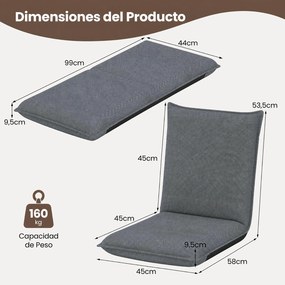 Conjunto de 2 Cadeiras de Chão Dobráveis, 99 x 44 x 9,5 cm, Encosto com Vários Níveis Ajustáveis, Cinzento