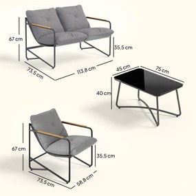 Conjunto de jardim de 4 peças com sofá de 2 lugares, 2 poltronas e mesa de centro em vidro temperado; almofadas de 13 cm em cinzento claro