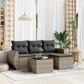 5 pcs conjunto sofás de jardim c/ almofadões vime PE cinzento