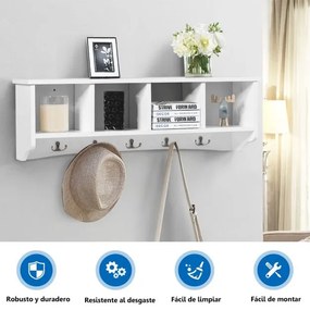 Cabide de parede para hall de entrada com 4 compartimentos e 5 ganchos duplos 72 x 15,5 x 23 cm Branco