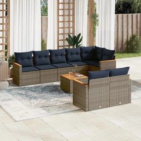 vidaXL 9 pcs conjunto sofás p/ jardim c/ almofadões vime PE cinzento