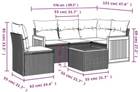 6 pcs conjunto sofás de jardim com almofadões vime cinzento