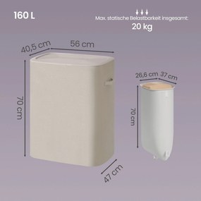 Cesto da roupa suja com tampa e 2 compartimentos, separador de roupa suja de 160 L, 56 x 40 bege