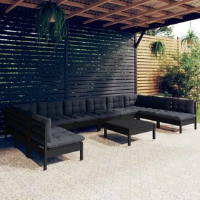 vidaXL 11 pcs conjunto lounge jardim c/ almofadões pinho maciço preto
