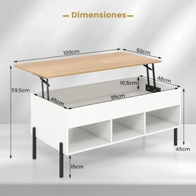Mesa de centro 100 x 50 x 45 cm elevável com tampo ajustável, amplo compartimento oculto e 3 espaços abertos com pernas de metal branca