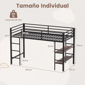 Cama Alta Infantil, 196 x 96 x 126 cm (COLCHÃO NÃO INCLUIDO), Estrutura Metálica Robusta, Castanho