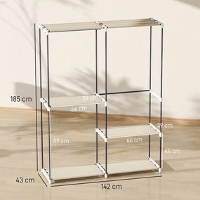 Guarda Roupa Aberto 142x43x185 cm Armário para Roupas com 4 Prateleiras de Tecido 3 Barras para Pendurar Creme