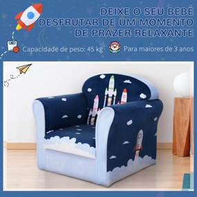 HOMCOM Poltrona para Crianças acima de 3 Anos com Desenhos de Foguete Estrutura de Madeira e Estofado em Flanela 50x39x44 cm Azul