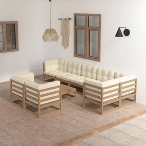 9 pcs conjunto lounge de jardim com almofadões pinho maciço