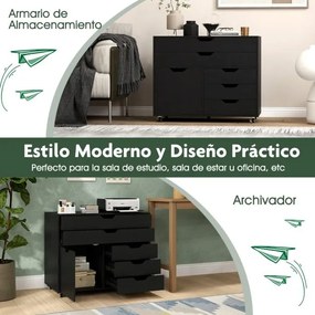 Armário de armazenamento para escritório 77,5 x 40 x 64 cm com 5 gavetas com porta 5 rodas com rodas suporte para impressora Preto
